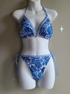 Blue & White Floral Paisley String Bikini - Size XL
